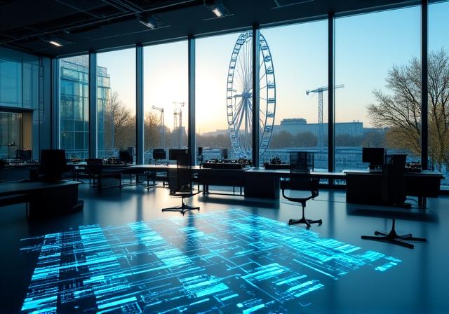 Blick auf den Wiener Prater mit modernem Tech-Office-Overlay